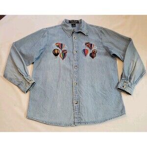 Vtg Womens Sz L Denim Embroidered Button Front Shirt Sz L Hot Air Balloons